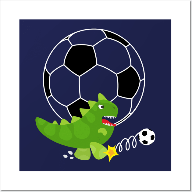 Cute Dinosaur Playing Soccer - Navy Background Wall Art by XOOXOO